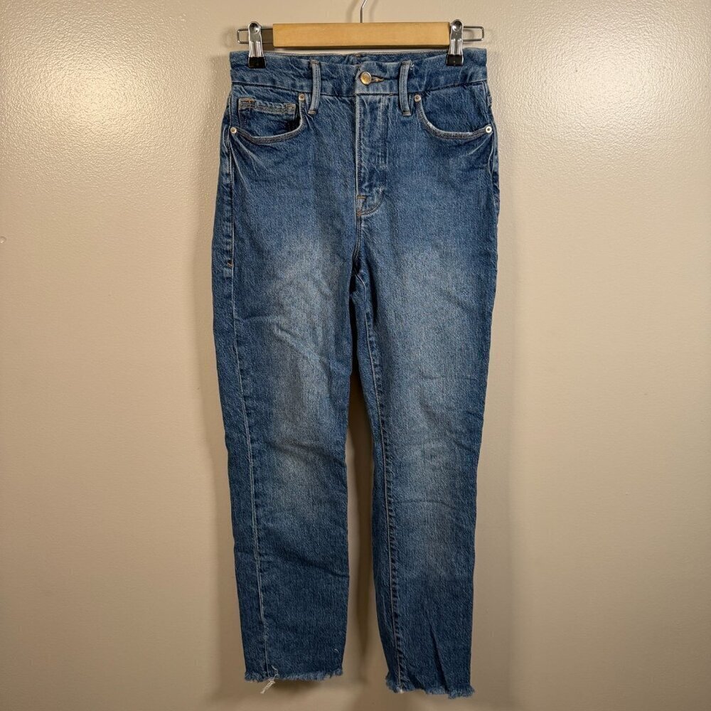 Good American Good Crop Raw Hem Jeans Size 2 High Waist Blue Denim Stretch
